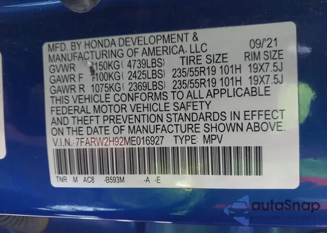 2021 Honda Cr-V Awd Touring из США, поврежденный, VIN 7FARW2H92ME016927